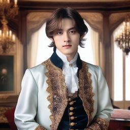 A portrait of Taehyung with hazel eyes and dark brown hair, dressed in an outfit resembling that of a European nobleman