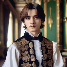 A portrait of Taehyung with hazel eyes and dark brown hair, dressed in an outfit resembling that of a European nobleman