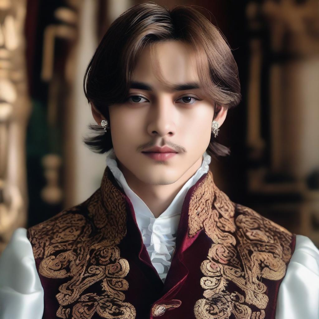 A portrait of Taehyung with hazel eyes and dark brown hair, dressed in an outfit resembling that of a European nobleman