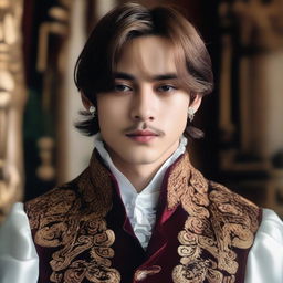 A portrait of Taehyung with hazel eyes and dark brown hair, dressed in an outfit resembling that of a European nobleman