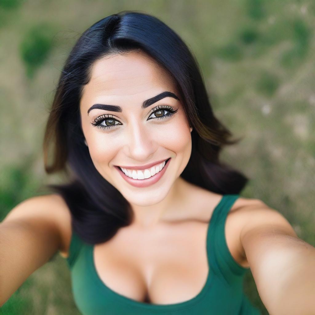 A very beautiful 28-year-old athletic and friendly Latina woman with dark hair, green eyes, and olive skin, taking a selfie from a bird's eye view