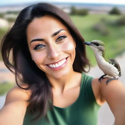 A very beautiful 28-year-old athletic and friendly Latina woman with dark hair, green eyes, and olive skin, taking a selfie from a bird's eye view