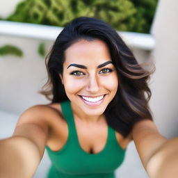 A very beautiful 28-year-old athletic and friendly Latina woman with dark hair, green eyes, and olive skin, taking a selfie from a bird's eye view