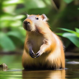 A capybara sitting by the riverside, with its front legs folded under its body and its head resting on its paws