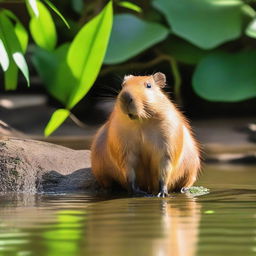 A capybara sitting by the riverside, with its front legs folded under its body and its head resting on its paws