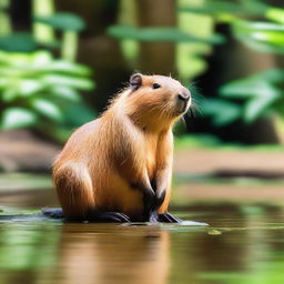 A capybara sitting by the riverside, with its front legs folded under its body and its head resting on its paws