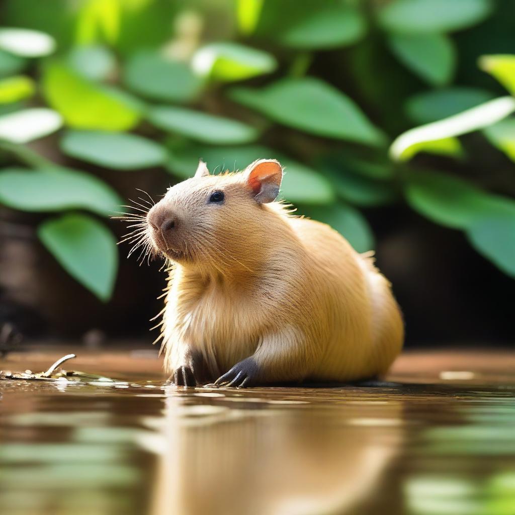 A capybara sitting by the riverside, with its front legs folded under its body and its head resting on its paws