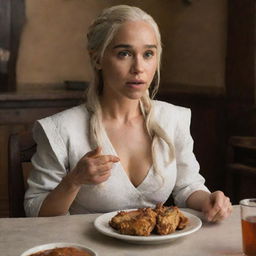 Daenerys Targaryen, from Game of Thrones, sitting at a humble Latino dining table, eating fried chicken with her bare hands.