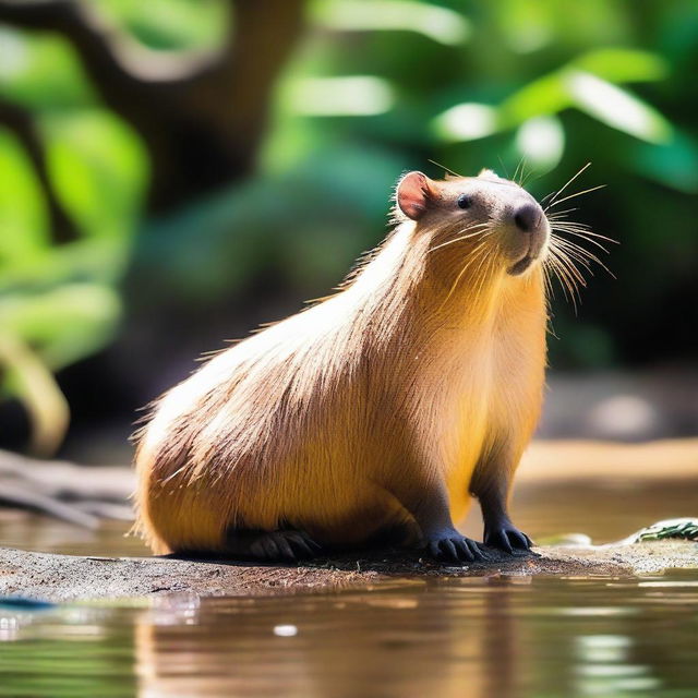 A capybara sitting by the riverside, with its front legs folded under its body and its head resting on its paws