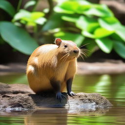 A capybara sitting by the riverside, with its front legs folded under its body and its head resting on its paws