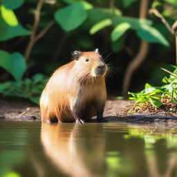 A capybara sitting by the riverside, with its front legs folded under its body and its head resting on its paws