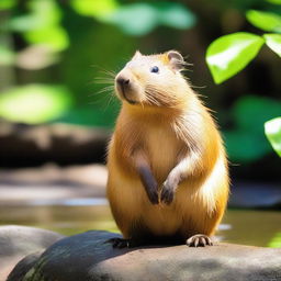 A capybara sitting by the riverside, with its front legs folded under its body and its head resting on its paws