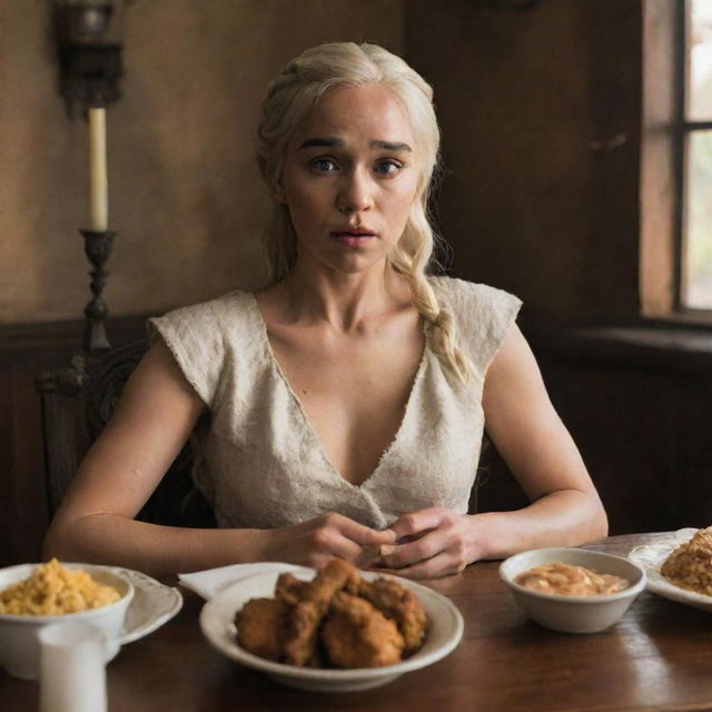 Daenerys Targaryen, from Game of Thrones, sitting at a humble Latino dining table, eating fried chicken with her bare hands.