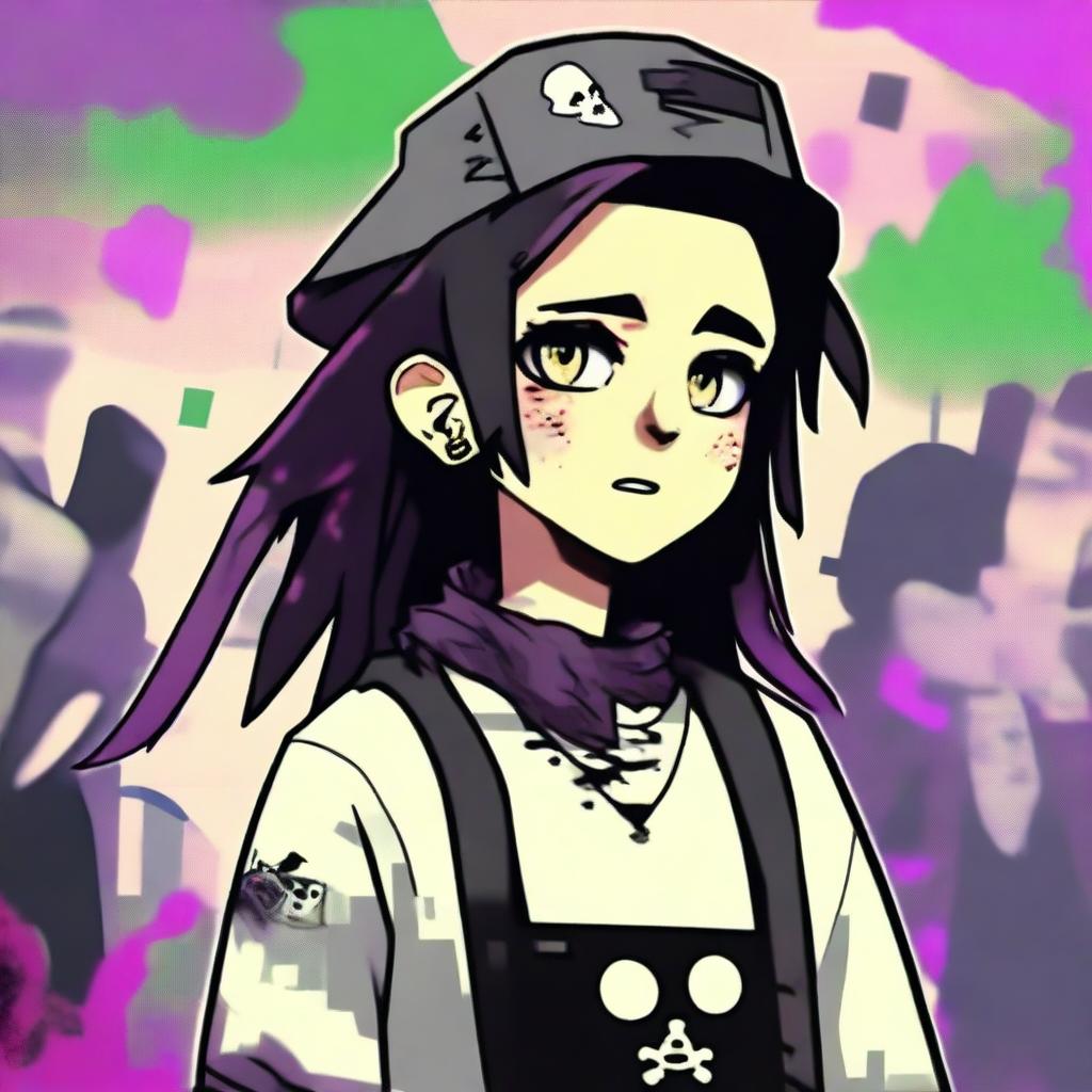 A game avatar featuring a main character who is a streamer in a post-punk world with zombies