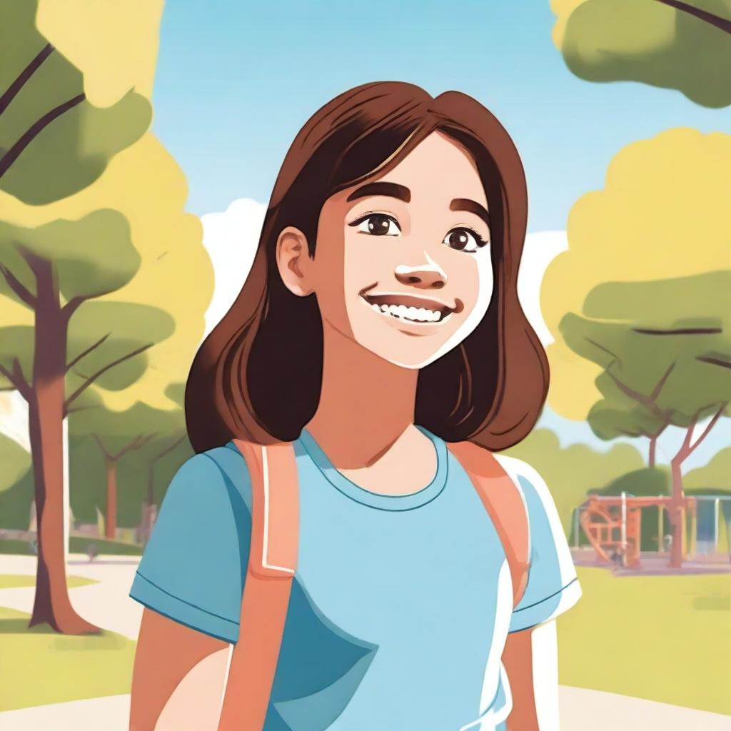 A detailed illustration of a young girl with a happy expression, wearing casual clothes and standing in a park