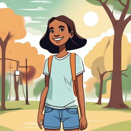 A detailed illustration of a young girl with a happy expression, wearing casual clothes and standing in a park