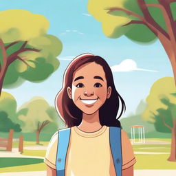 A detailed illustration of a young girl with a happy expression, wearing casual clothes and standing in a park