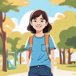 A detailed illustration of a young girl with a happy expression, wearing casual clothes and standing in a park