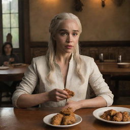 Daenerys Targaryen, from Game of Thrones, sitting at a humble Latino dining table, eating fried chicken with her bare hands.