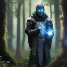 A changeling cleric wearing intricately designed scalemail armor, standing in a mystical forest