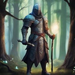 A changeling cleric wearing intricately designed scalemail armor, standing in a mystical forest