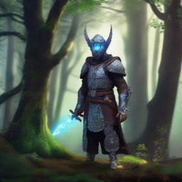 A changeling cleric wearing intricately designed scalemail armor, standing in a mystical forest