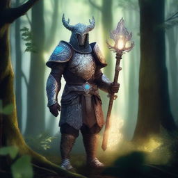 A changeling cleric wearing intricately designed scalemail armor, standing in a mystical forest