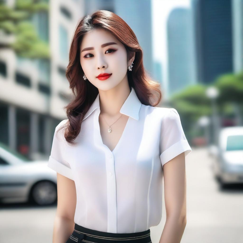 A beautiful Korean woman with elegant features and stylish clothing