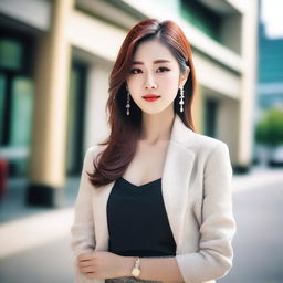 A beautiful Korean woman with elegant features and stylish clothing