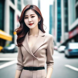 A beautiful Korean woman with elegant features and stylish clothing