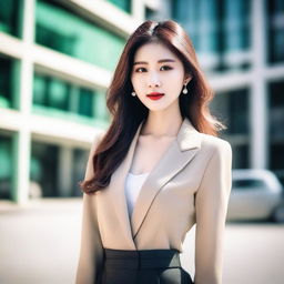 A beautiful Korean woman with elegant features and stylish clothing