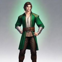 A good looking male half-elf standing at 5 foot 9 with shortish brown wavy hair, emerald green eyes, a charming smile, and a well-toned body