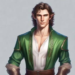 A good looking male half-elf standing at 5 foot 9 with shortish brown wavy hair, emerald green eyes, a charming smile, and a well-toned body