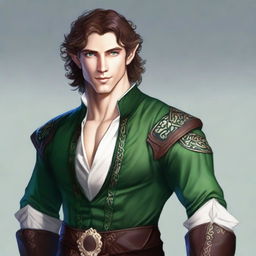 A good looking male half-elf standing at 5 foot 9 with shortish brown wavy hair, emerald green eyes, a charming smile, and a well-toned body