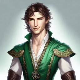 A good looking male half-elf standing at 5 foot 9 with shortish brown wavy hair, emerald green eyes, a charming smile, and a well-toned body