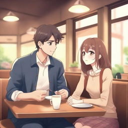 A handsome college boy and a pretty senior high student are sitting in a cozy cafe, looking at each other with love and affection