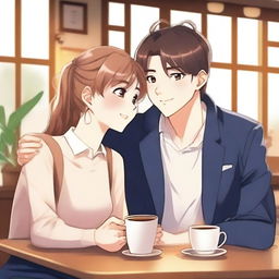 A handsome college boy and a pretty senior high student are sitting in a cozy cafe, looking at each other with love and affection