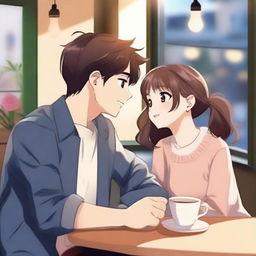 A handsome college boy and a pretty senior high student are sitting in a cozy cafe, looking at each other with love and affection