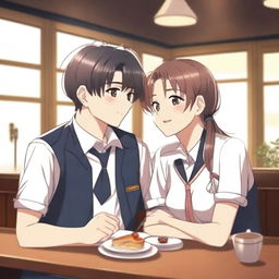 A handsome college boy wearing a uniform and a pretty senior high student also wearing a uniform are sitting in a cozy cafe, looking at each other with love and affection