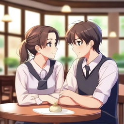 A handsome college boy wearing a uniform and a pretty senior high student also wearing a uniform are sitting in a cozy cafe, looking at each other with love and affection