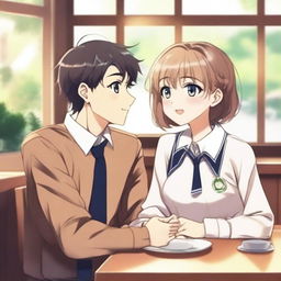 A handsome college boy wearing a uniform and a pretty senior high student also wearing a uniform are sitting in a cozy cafe, looking at each other with love and affection