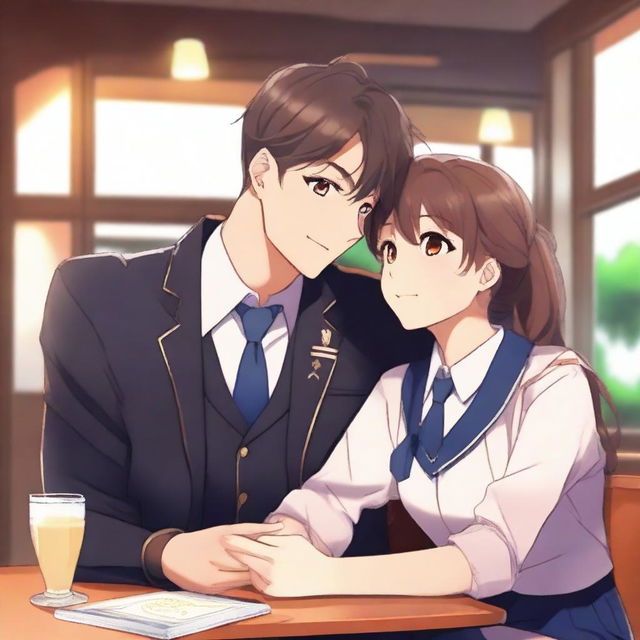 A handsome college boy wearing a uniform and a pretty senior high student also wearing a uniform are sitting in a cozy cafe, looking at each other with love and affection