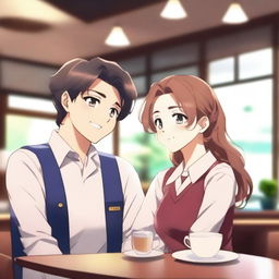 A handsome college boy wearing a uniform and a pretty senior high student also wearing a uniform are sitting in a cozy cafe, looking at each other with love and affection