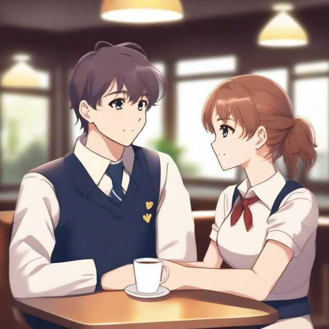 A handsome college boy wearing a uniform and a pretty senior high student also wearing a uniform are sitting in a cozy cafe, looking at each other with love and affection