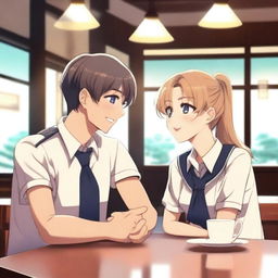 A handsome college boy wearing a uniform and a pretty senior high student also wearing a uniform are sitting in a cozy cafe, looking at each other with love and affection