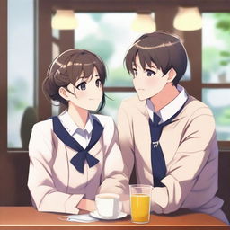 A handsome college boy wearing a uniform and a pretty senior high student also wearing a uniform are sitting in a cozy cafe, looking at each other with love and affection