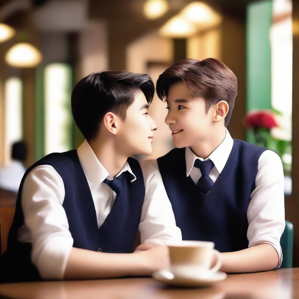 A handsome college boy wearing a uniform and a pretty senior high student also wearing a uniform are sitting in a cozy cafe, looking at each other with love and affection