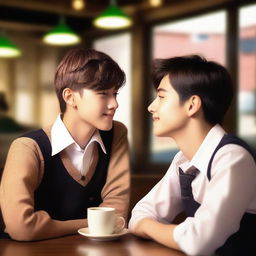 A handsome college boy wearing a uniform and a pretty senior high student also wearing a uniform are sitting in a cozy cafe, looking at each other with love and affection