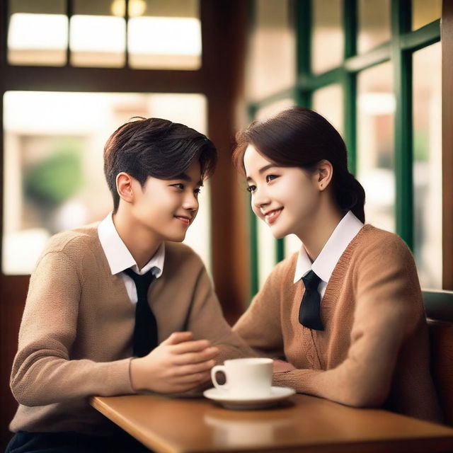 A handsome college boy wearing a uniform and a pretty senior high student also wearing a uniform are sitting in a cozy cafe, looking at each other with love and affection