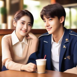 A handsome college boy wearing a uniform and a pretty senior high student also wearing a uniform are sitting in a cozy cafe, looking at each other with love and affection